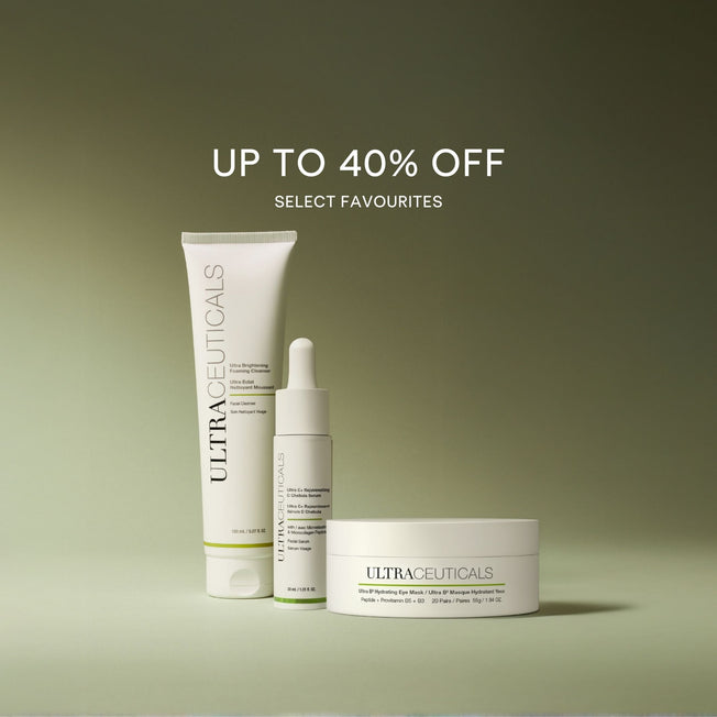 Three Ultraceuticals skincare products on a green background with text above that reads: End of Season Sale. Up to 40% off select favourites.