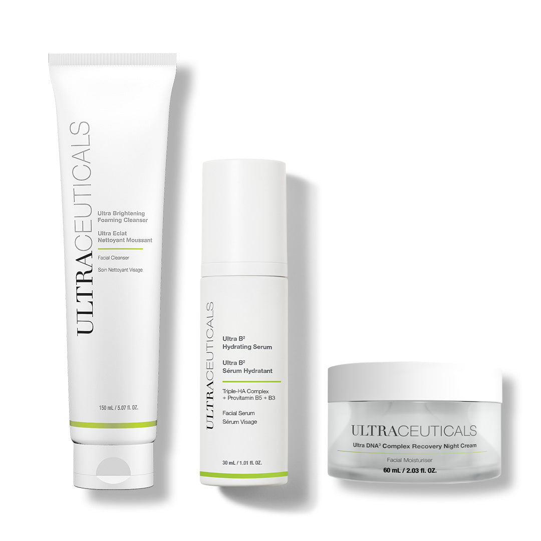 The Bestsellers Set features three Ultraceuticals skincare products on a white background: Ultra Brightening Foaming Cleanser, a hydrating serum, and Ultra DNA Complex Recovery Night Cream for overnight skin recovery.