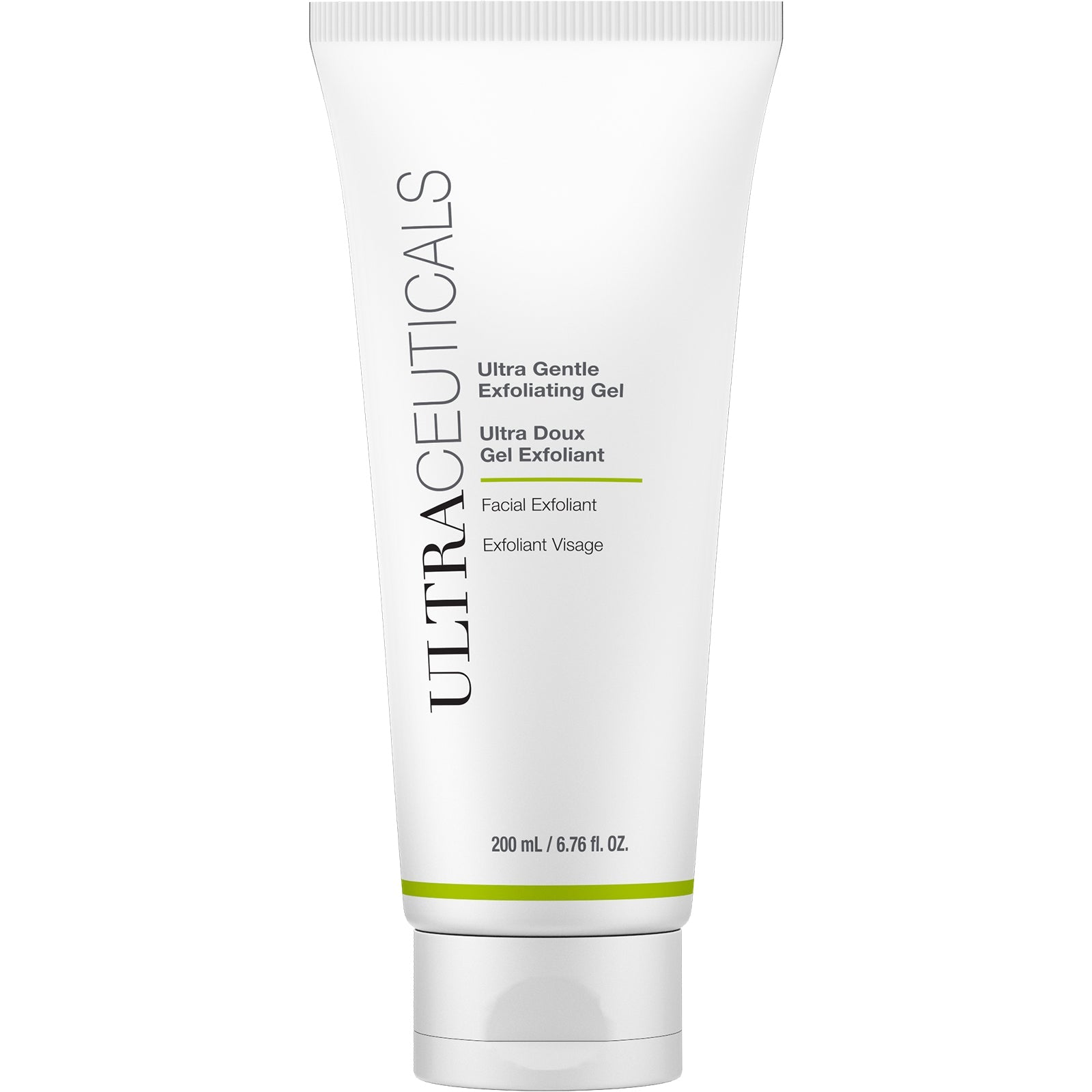 A 200 mL white tube of Ultra Gentle Exfoliating Gel stands upright on a white background. The packaging has black and green text and highlights salicylic acid for gentle facial exfoliation.
