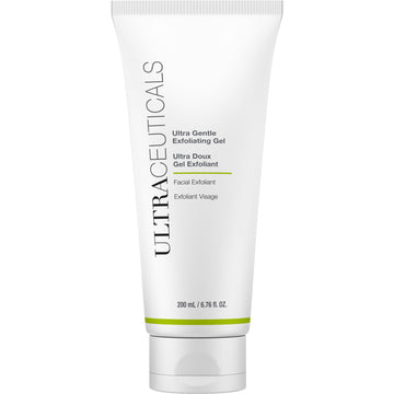 A 200 mL white tube of Ultra Gentle Exfoliating Gel stands upright on a white background. The packaging has black and green text and highlights salicylic acid for gentle facial exfoliation.
