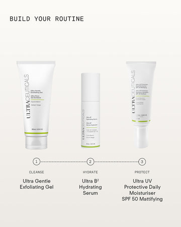 Step 1: Ultra Gentle Exfoliating Gel with lactic acid (cleanse); Step 2: Ultra B2 Hydrating Serum (hydrate); Step 3: Ultra UV Protective Daily Moisturiser SPF 50 Mattifying (protect).