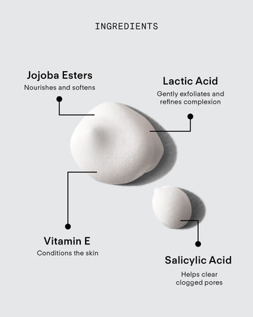 Two white blobs of Ultra Gentle Exfoliating Gel on gray are shown with arrows highlighting lactic acid and salicylic acid, plus other ingredients, each briefly describing their skincare benefits.