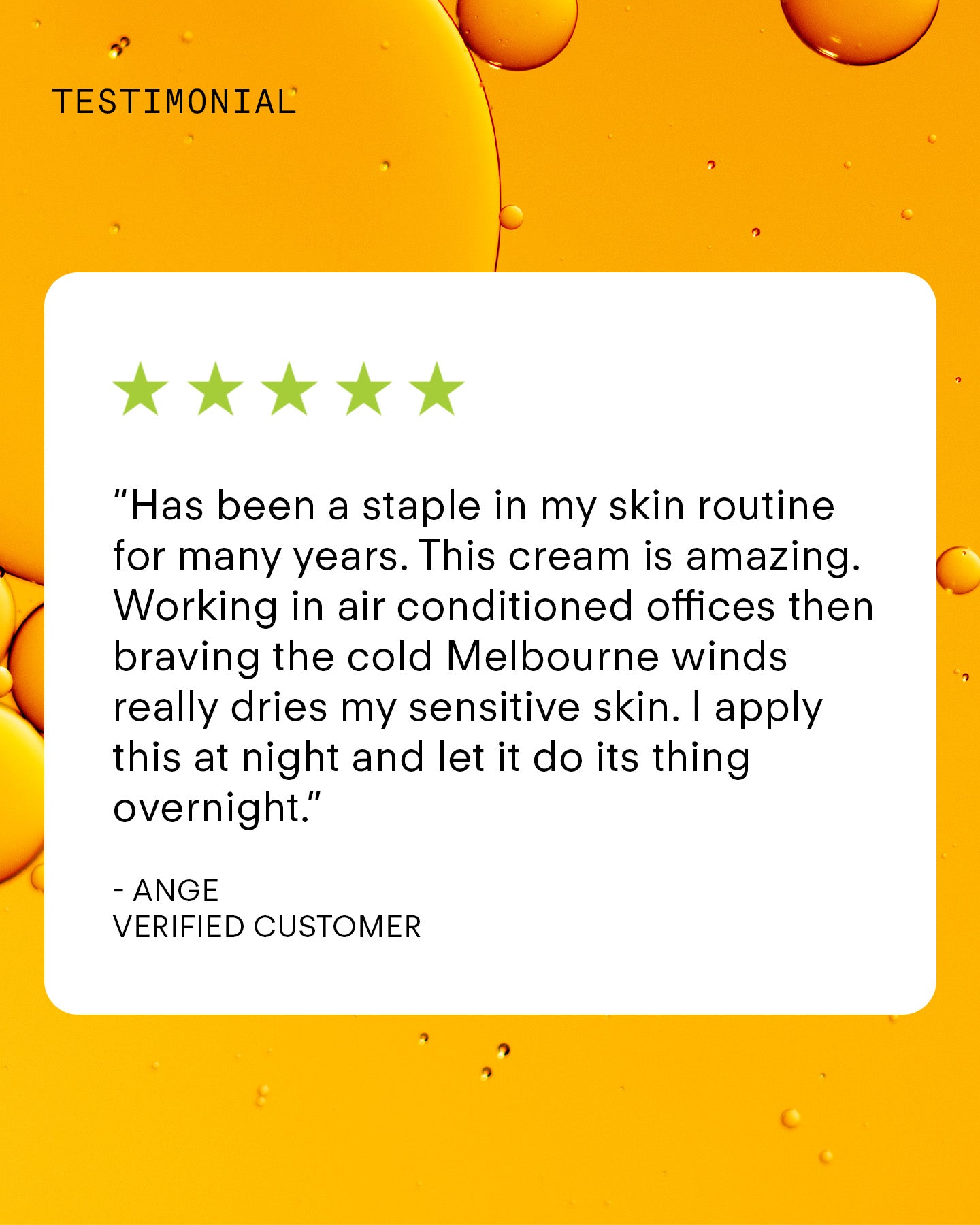 A five-star testimonial praises the Ultra Gentle Exfoliating Gel for soothing sensitive skin in air-conditioned offices and cold Melbourne winds. The review appears over a white box on an orange background with bubbles.