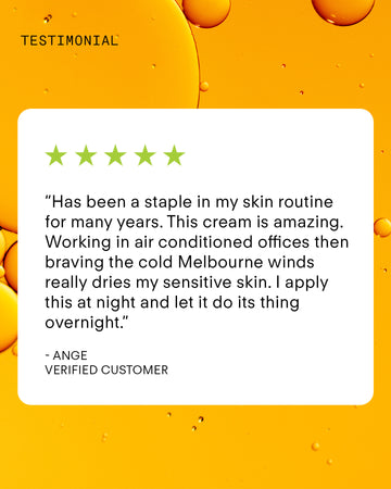 A five-star testimonial praises the Ultra Gentle Exfoliating Gel for soothing sensitive skin in air-conditioned offices and cold Melbourne winds. The review appears over a white box on an orange background with bubbles.