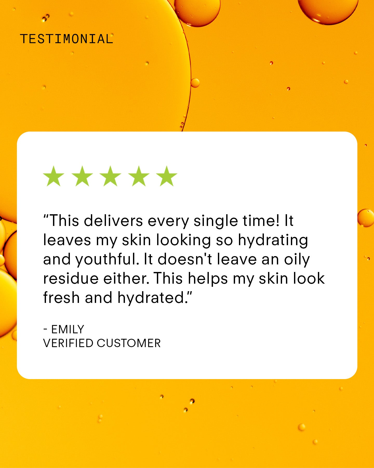 A 5-star review praises Ultra Gentle Exfoliating Gel for giving skin a hydrated, youthful, and fresh look with no oily residue. The background shows close-up yellow oil droplets.
