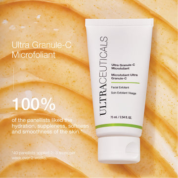 Ultra Granule C Microfoliant is shown against a swirled golden-beige background, with highlighted user-reported skin benefits and product details.