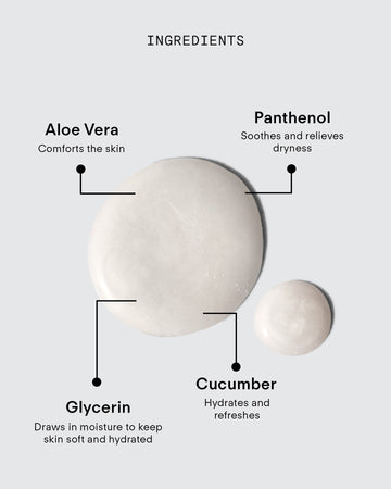 A chart displays Ultra Balancing Gel Cleanser's ingredients: Aloe Vera (comforts), Panthenol (soothes dryness), Glycerin (hydrates), and Cucumber extract (refreshes) with two blobs of cream in the center.
