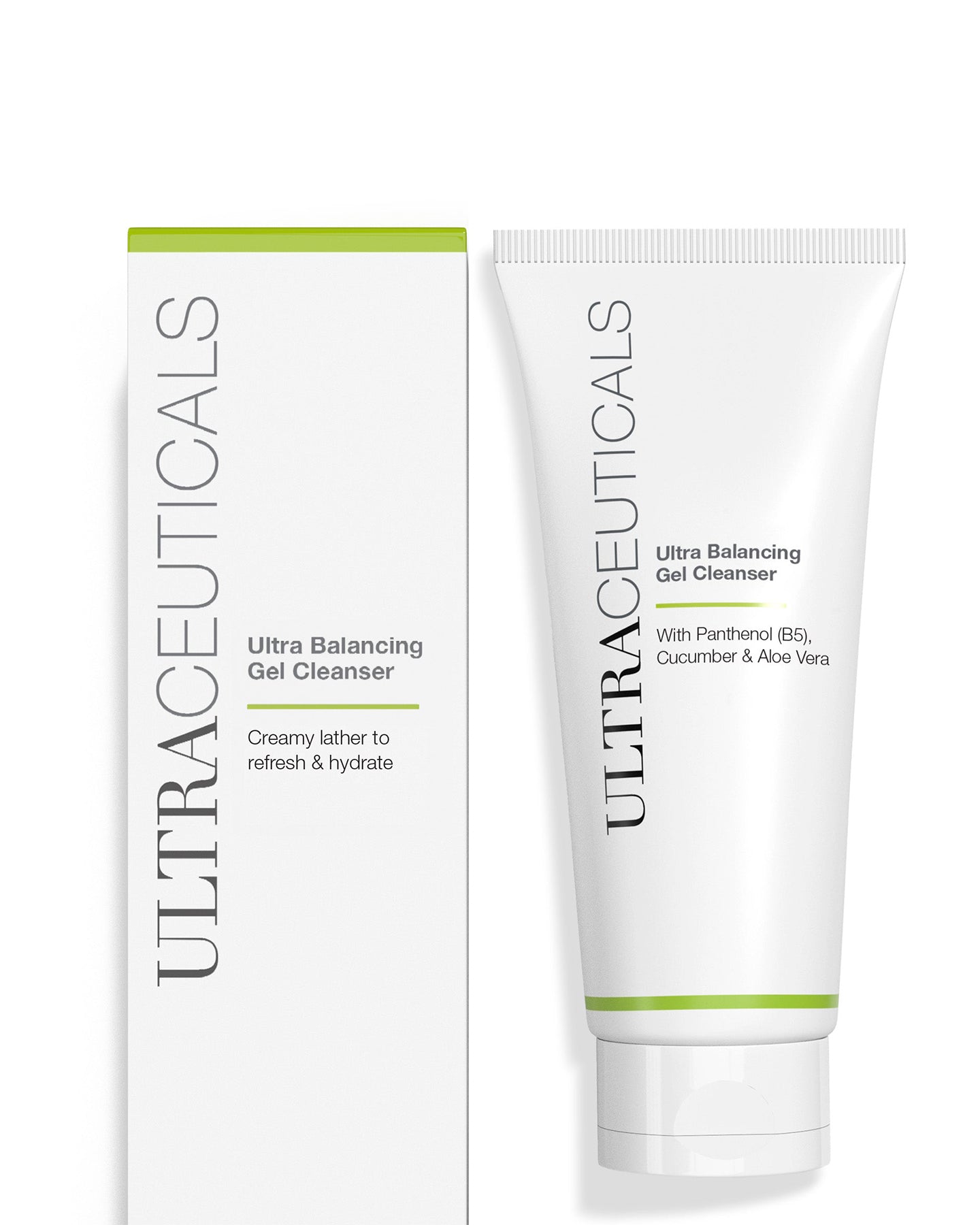 A white tube and box of Ultra Balancing Gel Cleanser with green accents, featuring panthenol, cucumber extract, and aloe vera. The creamy foaming lather provides refreshing hydration.
