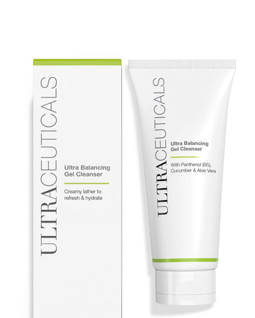 A white tube and box of Ultra Balancing Gel Cleanser with green accents, featuring panthenol, cucumber extract, and aloe vera. The creamy foaming lather provides refreshing hydration.
