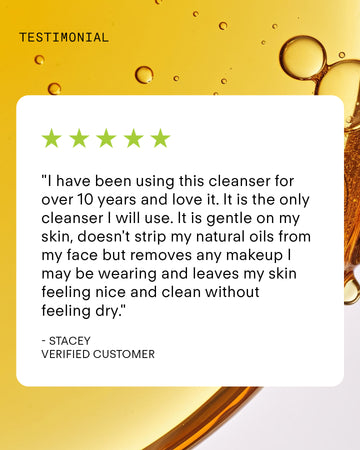 A customer testimonial graphic with a 5-star rating for the Ultra Balancing Gel Cleanser features Stacey, a verified buyer, praising its hydrating effects and refreshing cucumber extract, set against a close-up of amber liquid background.