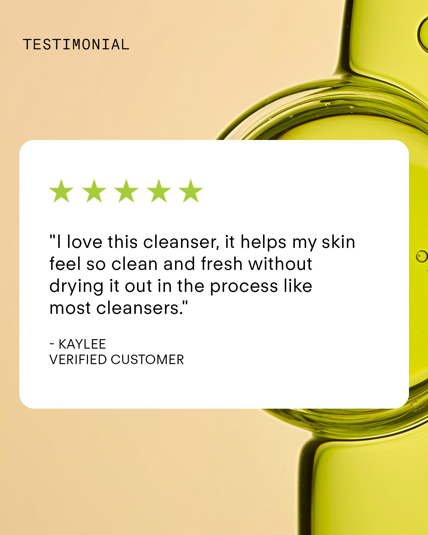 A testimonial graphic with a green liquid background features a five-star rating and a quote praising the Ultra Balancing Gel Cleanser for being gentle yet effective. Kaylee, a verified customer, loves the hydrating cucumber extract.
