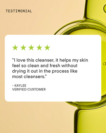 A testimonial graphic with a green liquid background features a five-star rating and a quote praising the Ultra Balancing Gel Cleanser for being gentle yet effective. Kaylee, a verified customer, loves the hydrating cucumber extract.