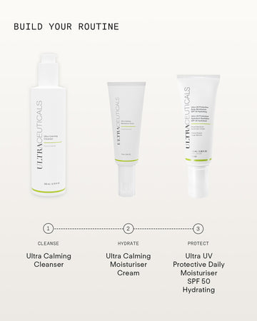 Three Ultraceuticals products are featured: Ultra Calming Cleanser 300mL, Ultra Calming Moisturiser Cream, and Ultra UV Protective Daily Moisturiser SPF 50. Ideal for sensitive skin. Text: “Build Your Routine: Cleanse, Hydrate, Protect.”.