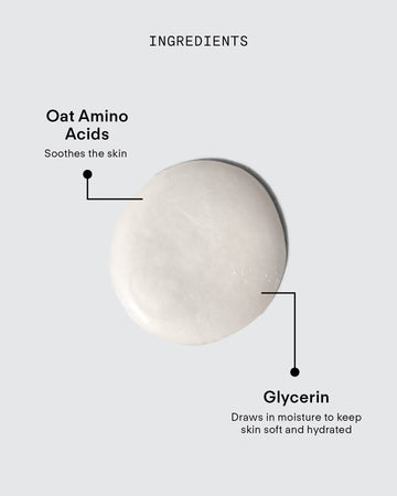 A smear of Ultra Calming Cleanser 300mL is labeled with its ingredients: oat amino acids to soothe sensitive skin and glycerin for lasting hydration. The text appears on a light gray background.