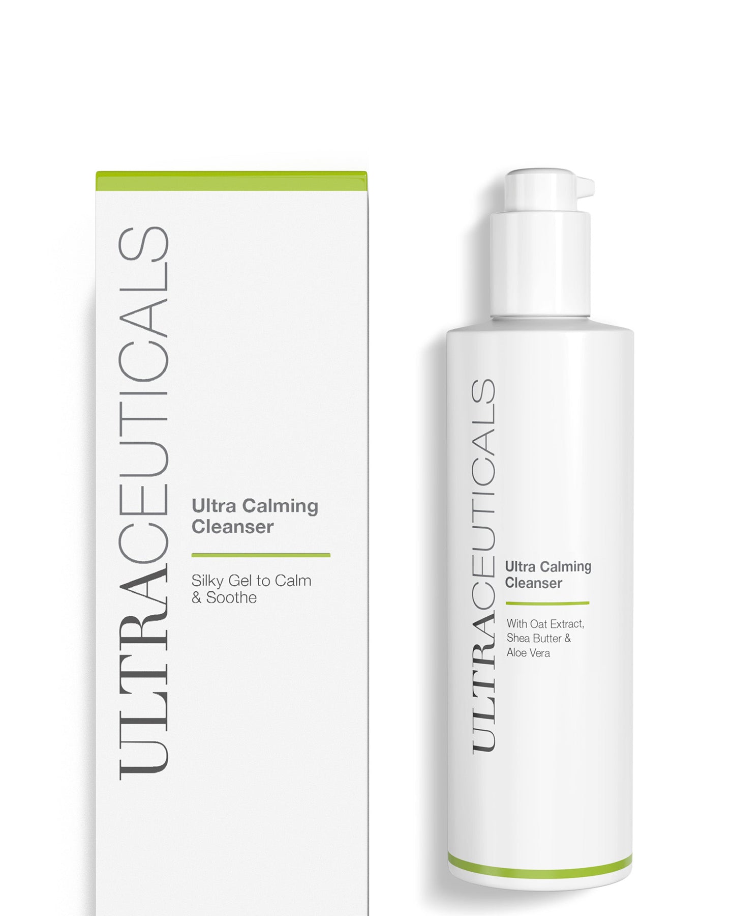 A white bottle of Ultra Calming Cleanser 300mL with a pump sits beside its box. Labeled for sensitive skin, the cleanser features oat extract, shea butter, and aloe vera.