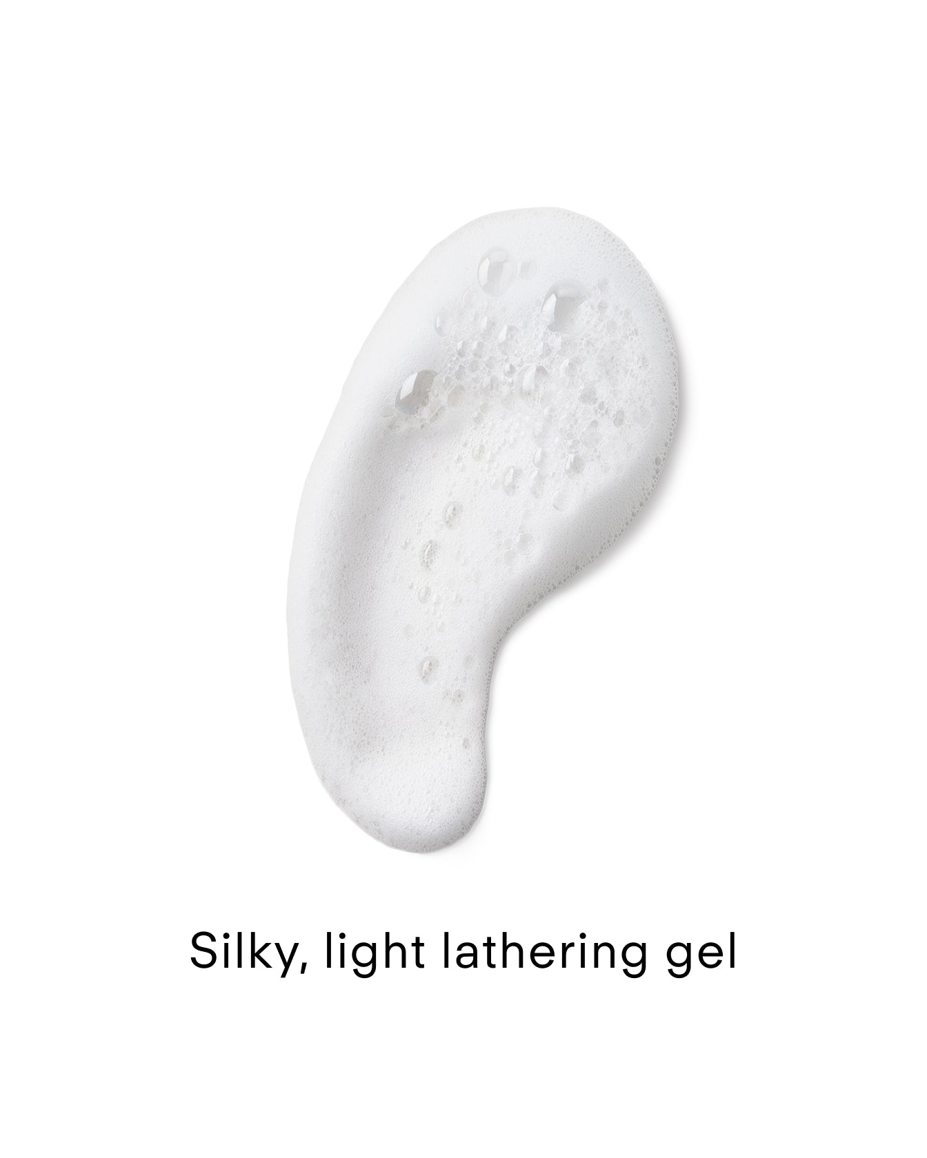 A dollop of white, bubbly gel on a white background. Text below reads: Lumi Bright Foaming Facial Cleanser 75ml—silky, light lathering gel.