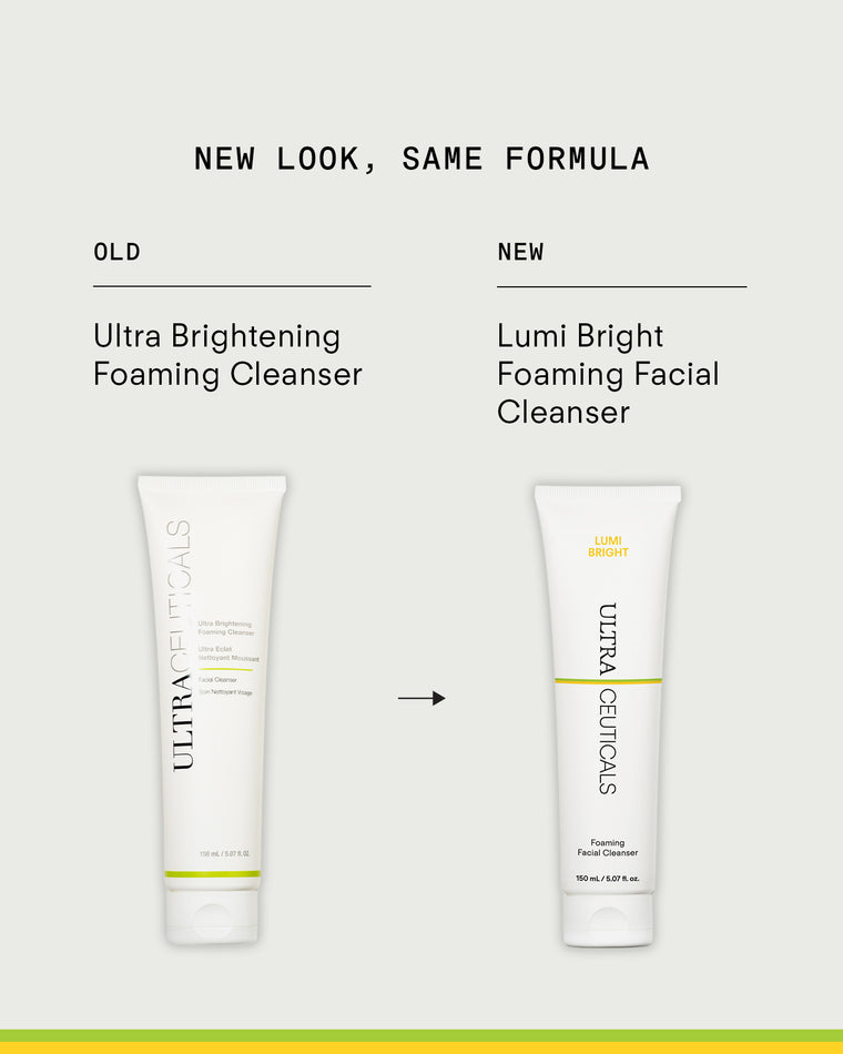 Side-by-side comparison: the old Ultra Brightening Foaming Cleanser on the left and the new Lumi Bright Foaming Facial Cleanser Mini on the right, both in similar white tubes.