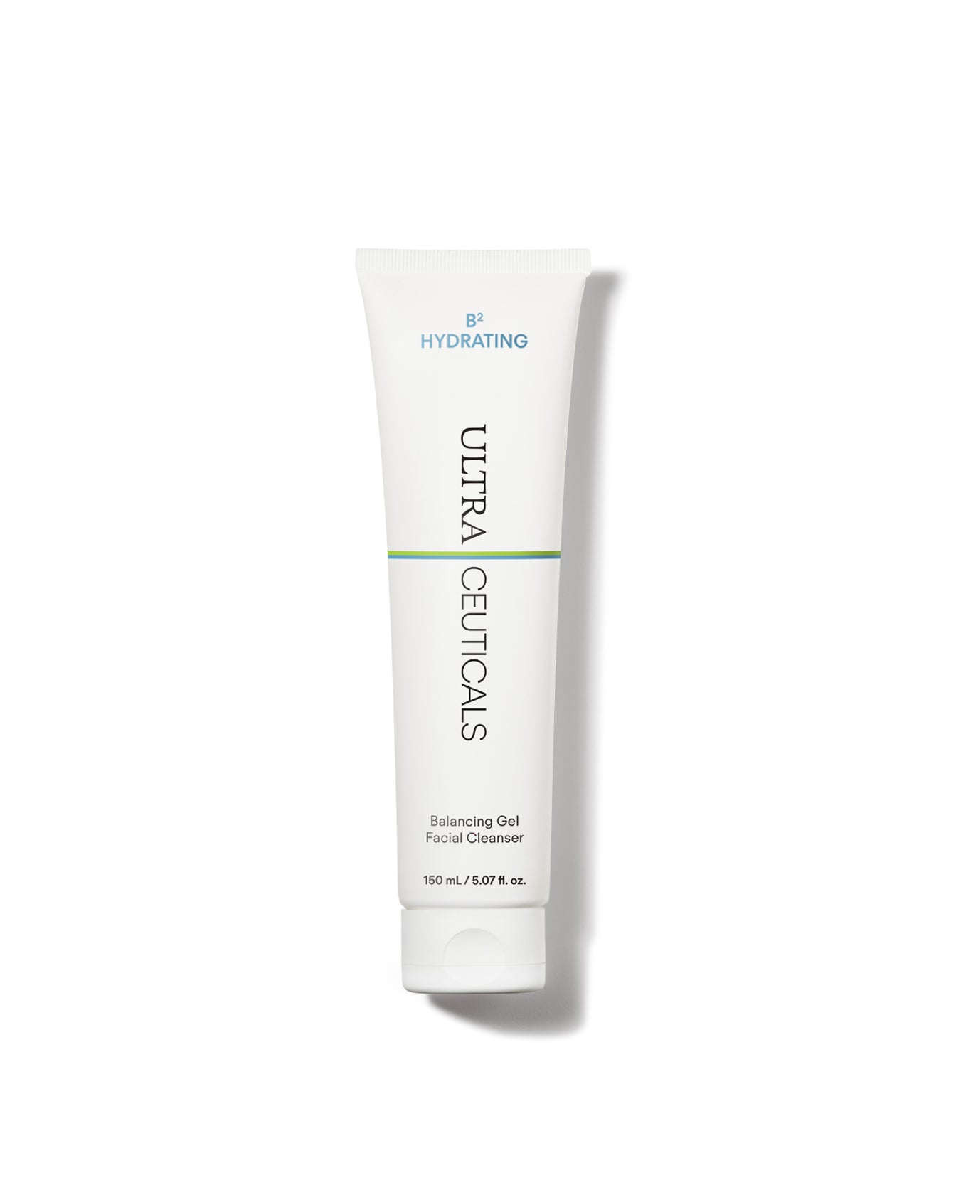 A white tube of B² Hydrating Balancing Gel Facial Cleanser, 150 mL, stands upright on a white background. Blue and green text emphasizes its hydrating properties and suitability for facial cleansing.
