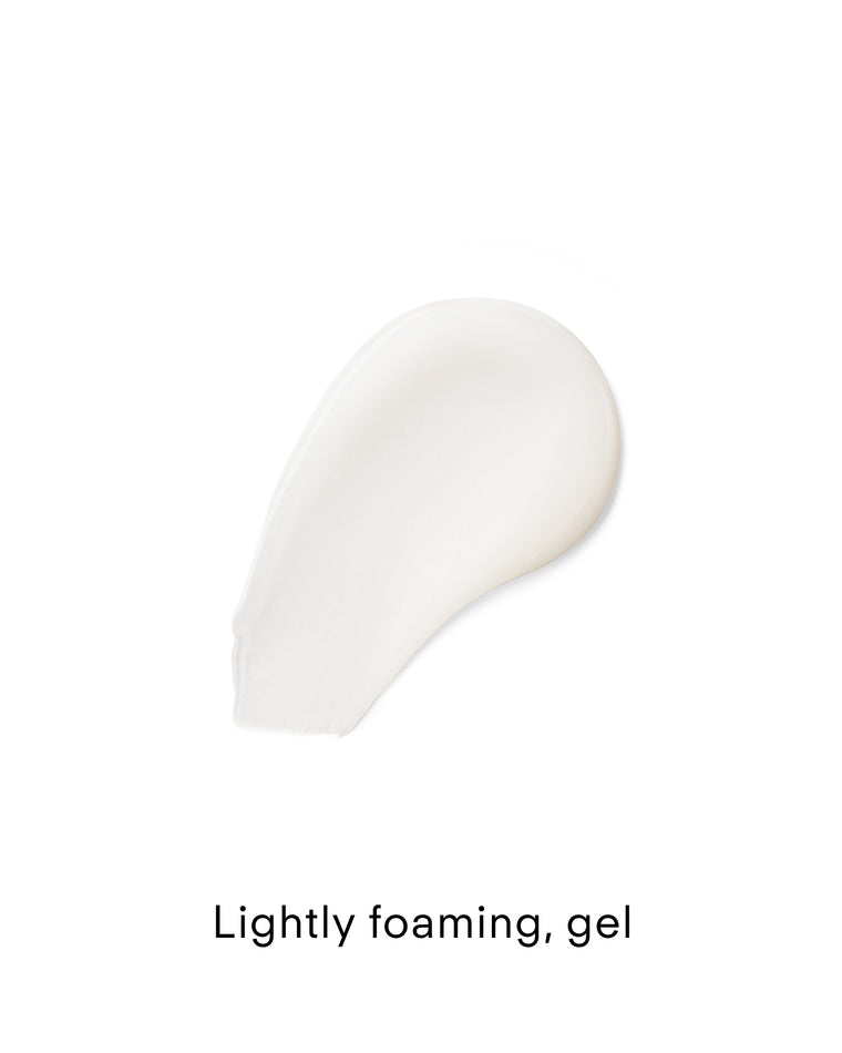 A smear of translucent, white gel is displayed on a white background. Below it, the text reads: B² Hydrating Balancing Gel Facial Cleanser – lightly foaming gel.