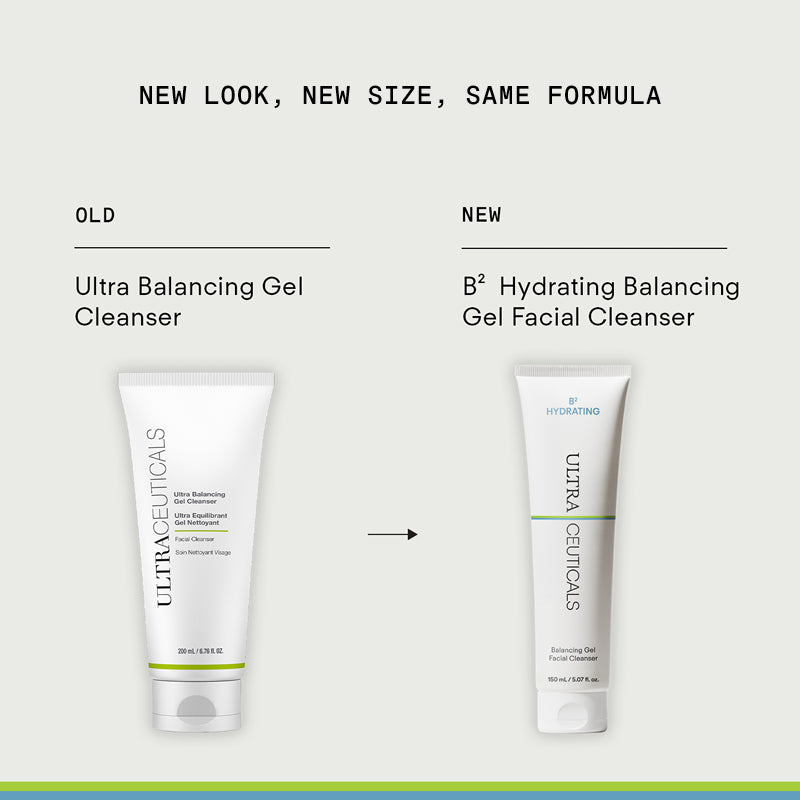 Image displaying two Ultraceuticals cleanser tubes: left is the old Ultra Balancing Gel Cleanser, right is the new B² Hydrating Balancing Gel Facial Cleanser, with an arrow between them.