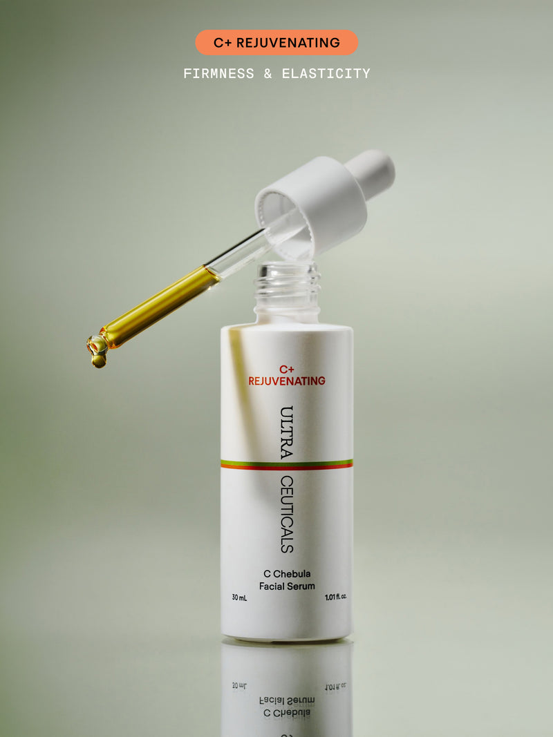 A bottle of Rejuvenating Ultra Centumsal C+ Facial Serum with a gold dropper resting on its open neck, set against a soft green gradient background with promotional text at the top.