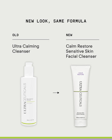 Side-by-side comparison of Ultra Calming Cleanser 300mL bottles shows updated packaging and product name. Enjoy the same gentle cleanser formula for sensitive skin, now with a fresh new look.