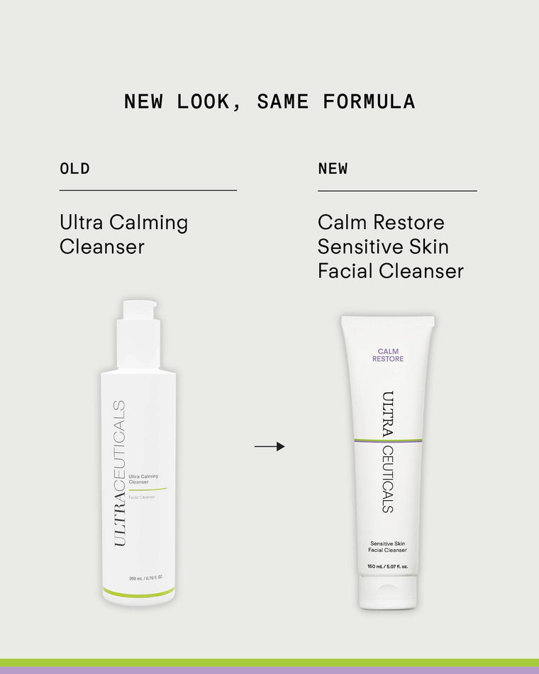 Comparison image showing the old Ultra Calming Cleanser 150mL bottle and the new tube, both gentle cleanser options from Ultraceuticals, with the text NEW LOOK, SAME FORMULA.