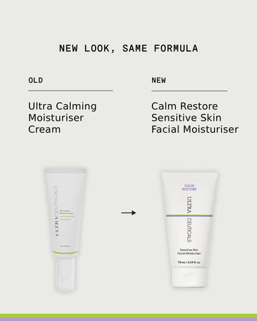 Side-by-side comparison: Ultra Calming Moisturiser Cream in old vs new packaging. Text: New look, same calming cream formula for sensitive skin.