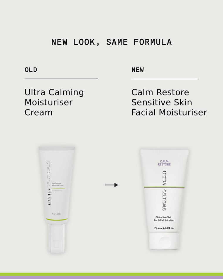 Side-by-side comparison: Ultra Calming Moisturiser Cream in old vs new packaging. Text: New look, same calming cream formula for sensitive skin.