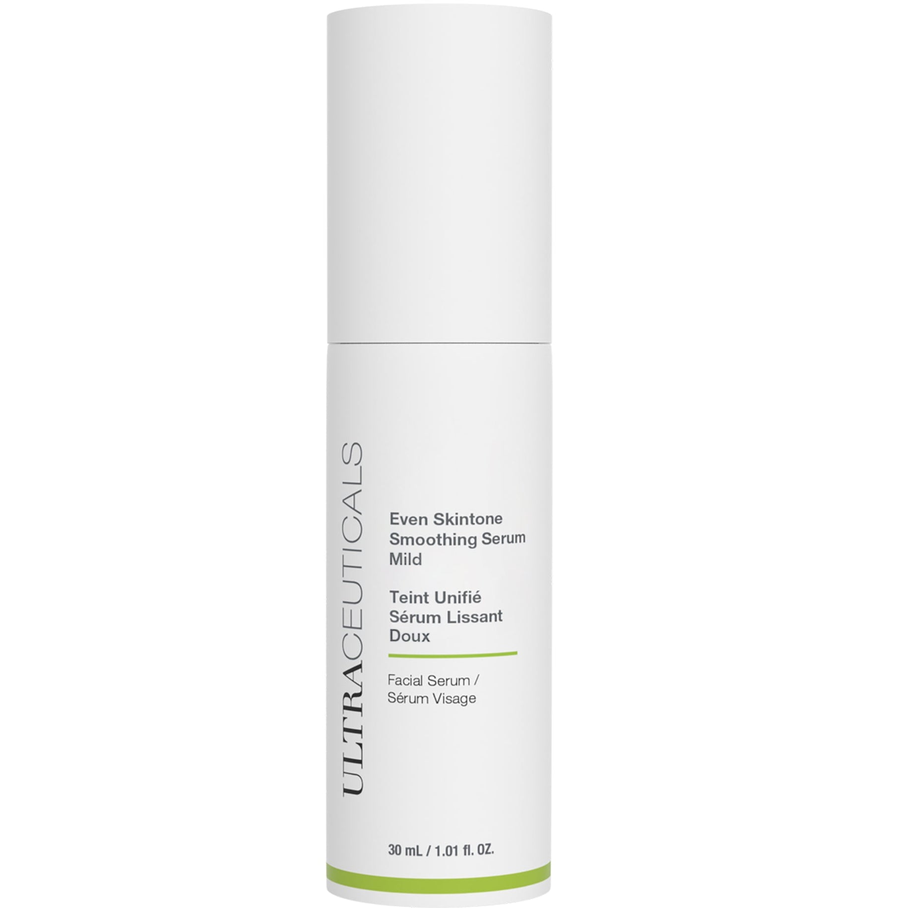 A white bottle of Even Skintone Smoothing Serum Mild features vertical branding and green text, containing 30 mL (1.0 fl oz) of facial serum with AHAs and niacinamide for gentle exfoliation.