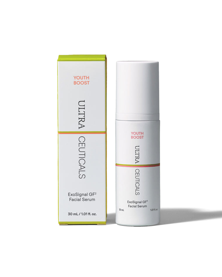 A white bottle and box of Youth Boost ExoSignal GF² Facial Serum, 30 mL, with green and orange accents, featuring plant-derived exosomes. Both are upright on a white background.