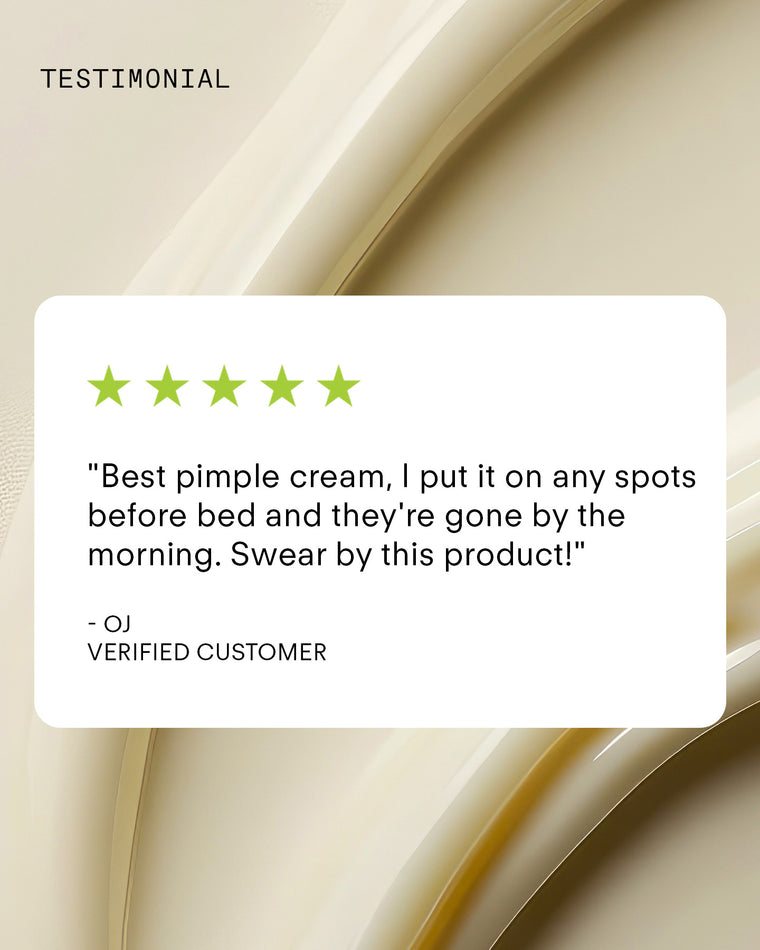 A customer testimonial reads: Best blemish-fighting pimple cream! I use Ultra Clear Spot Complex with salicylic acid before bed and wake up spot-free. 5 green stars from OJ, verified buyer, on a beige background.