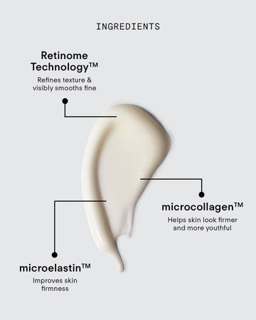 Ultra A Perfecting Serum Mild shown on a light gray background with labeled ingredients: Retinome Technology™ (refines texture, smooths fine lines), microelastin™ (improves firmness), and microcollagen™ to reduce wrinkles.