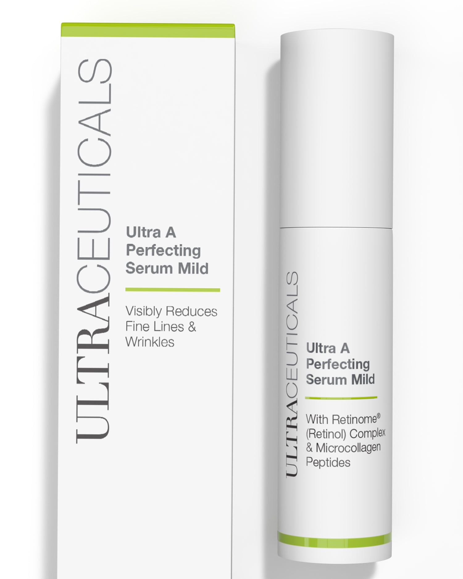 A white bottle and box of Ultra A Perfecting Serum Mild, an anti-aging retinol serum featuring retinol complex and microcollagen peptides, designed to visibly reduce wrinkles.