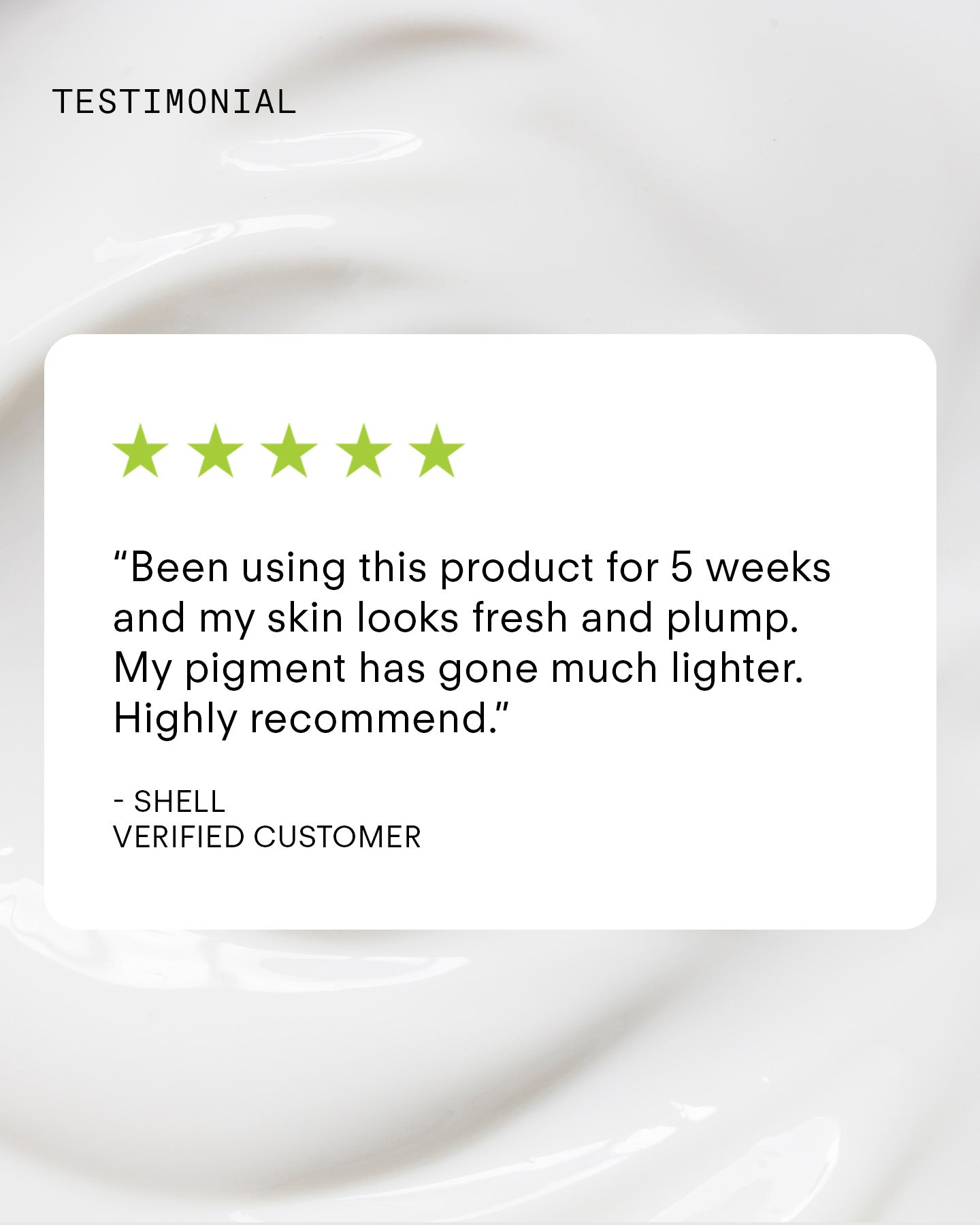 A testimonial graphic shows a five-star review for Ultra A Perfecting Serum Mild, praising its ability to make skin look fresh and plump, visibly reduce pigment in 5 weeks. Text: Highly recommend. Creamy background highlights a retinol serum glow.
