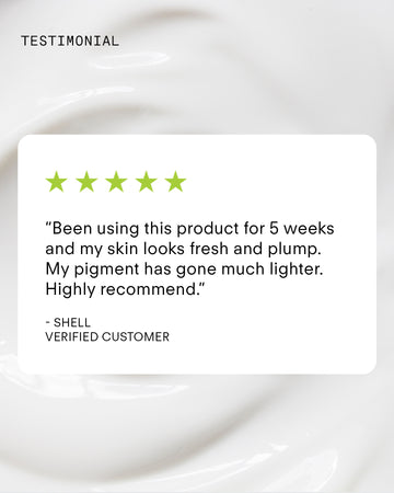 A testimonial graphic shows a five-star review for Ultra A Perfecting Serum Mild, praising its ability to make skin look fresh and plump, visibly reduce pigment in 5 weeks. Text: Highly recommend. Creamy background highlights a retinol serum glow.