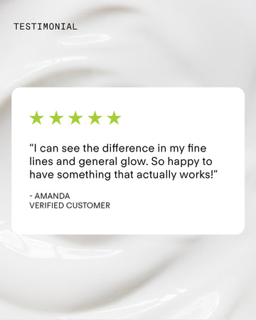 A testimonial with a five-star rating reads: I can see the difference in my fine lines and general glow since using Ultra A Perfecting Serum Mild. So happy to have something that actually works! - Amanda, verified customer. White textured background.