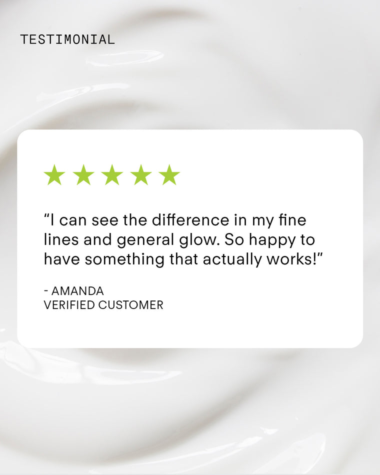 A testimonial card for Ultra A Perfecting Serum Mild shows five green stars, Amanda’s praise for improved skin, glow, and fewer fine lines and wrinkles, and a creamy white textured background. Amanda is noted as a verified customer.