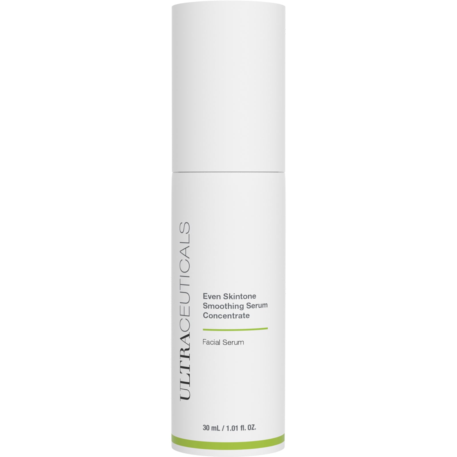 A white cylindrical bottle of Even Skintone Smoothing Serum Concentrate, a 30 mL complexion-balancing serum and liquid exfoliator for uneven skin tone, featuring simple green and gray text accents.