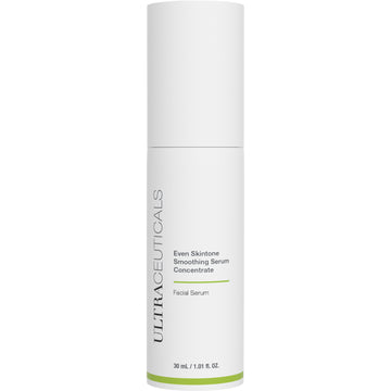 A white cylindrical bottle of Even Skintone Smoothing Serum Concentrate, a 30 mL complexion-balancing serum and liquid exfoliator for uneven skin tone, featuring simple green and gray text accents.