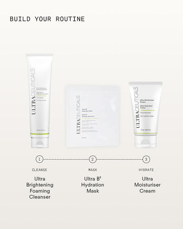 Ultra B² Hydration Mask - Single featured on a white background as part of a routine: Cleanse (Ultra Brightening Foaming Cleanser with niacinamide), Mask (Ultra B² Hydration Mask - Single), and Hydrate (Ultra Moisturiser Cream) for deep hydration.