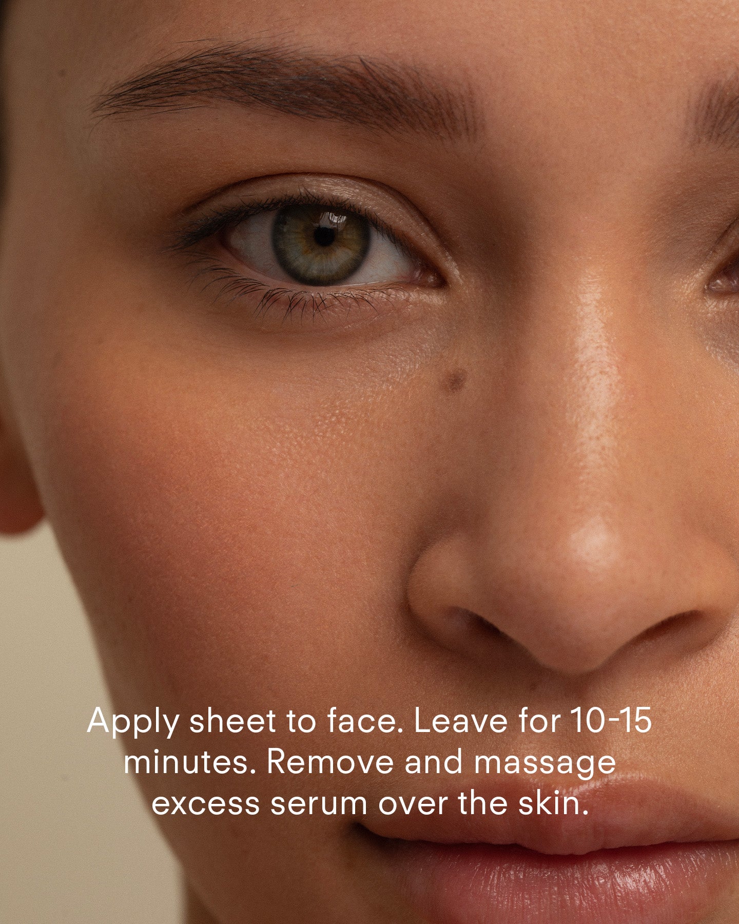 A close-up of a person's face with clear skin and natural makeup. Text: Apply Ultra B² Hydration Mask - Single for intense hydration. Leave on for 10-15 minutes, then remove and massage remaining serum into the skin.