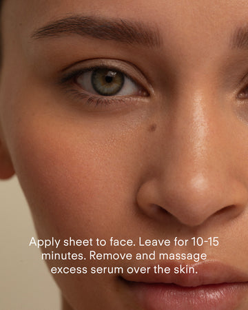 A close-up of a person's face with clear skin and natural makeup. Text: Apply Ultra B² Hydration Mask - Single for intense hydration. Leave on for 10-15 minutes, then remove and massage remaining serum into the skin.