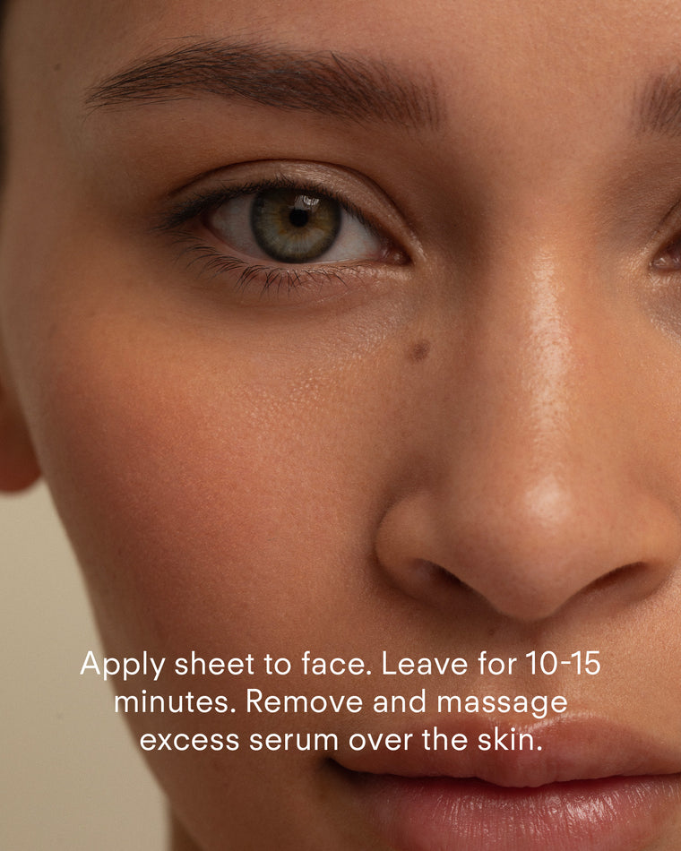 A close-up of a woman's clear skin. Text: Apply Ultra B² Hydration Mask (Single) to face. Leave for 10-15 mins. Remove and massage remaining niacinamide serum into skin.