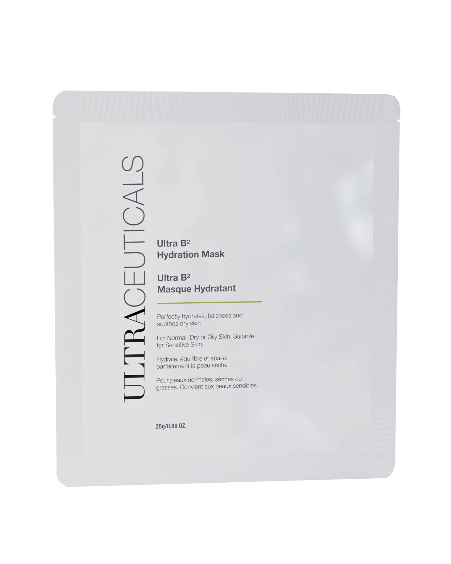 A white sachet of Ultra B² Hydration Mask - Single, a hydrogel sheet mask for normal, dry, or sensitive skin. Packaging has black and green English and French text. Contains 25g (0.88 oz) with niacinamide for deep hydration.