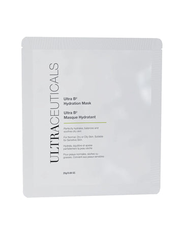 A white sachet of Ultra B² Hydration Mask - Single, a hydrogel sheet mask for normal, dry, or sensitive skin. Packaging has black and green English and French text. Contains 25g (0.88 oz) with niacinamide for deep hydration.