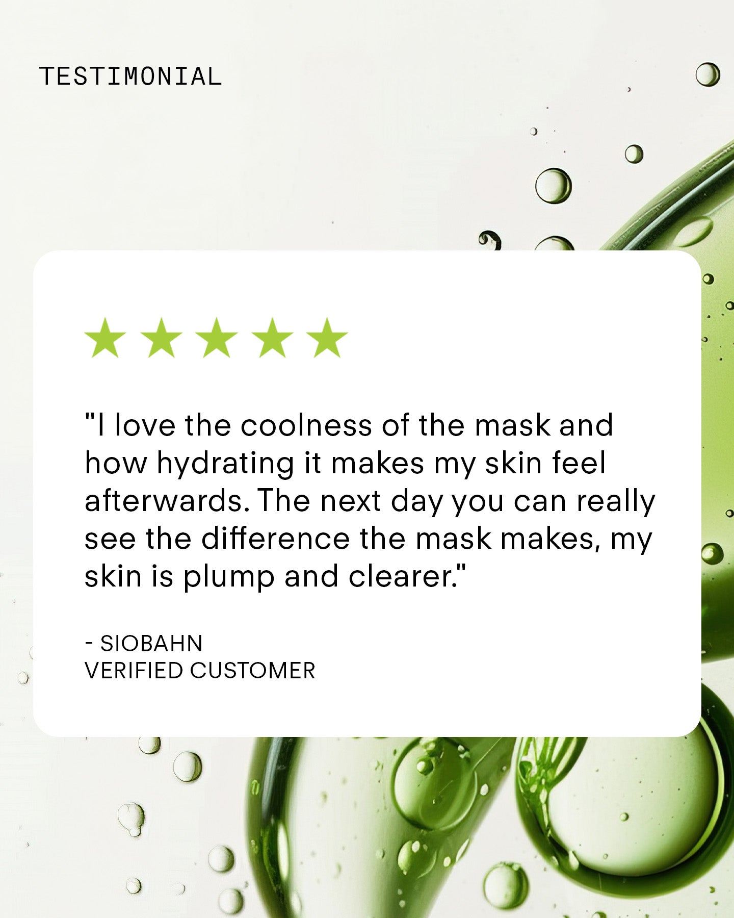 A five-star testimonial praises the Ultra B² Hydration Mask - Single for delivering deep hydration, leaving skin plump, refreshed, and clear. The background displays green bubbles and abstract shapes for a fresh look.