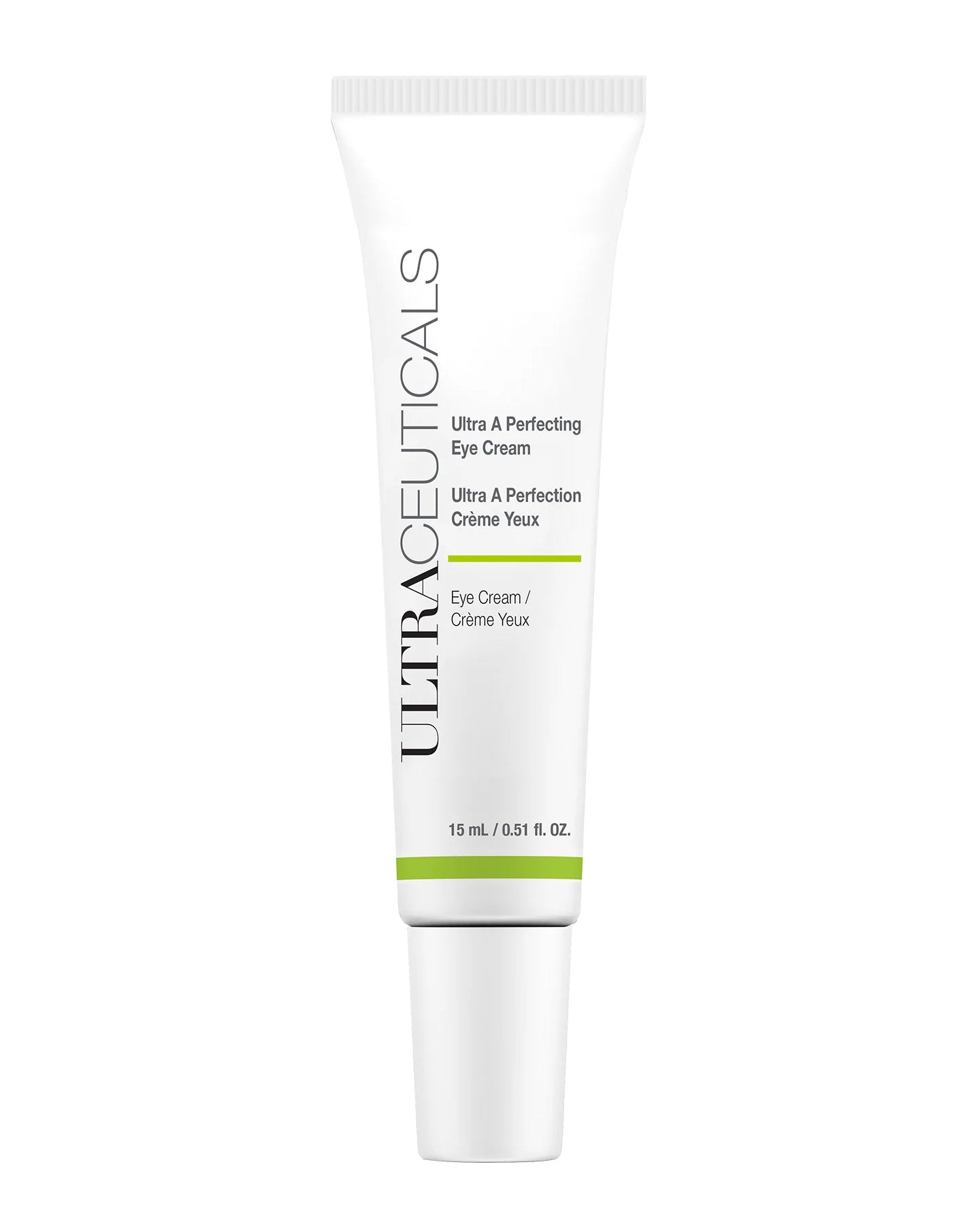A white tube of Ultra A Perfecting Eye Cream (15 ml/0.51 fl oz) with green and gray accents, enriched with retinol to target fine lines, stands upright against a plain background.