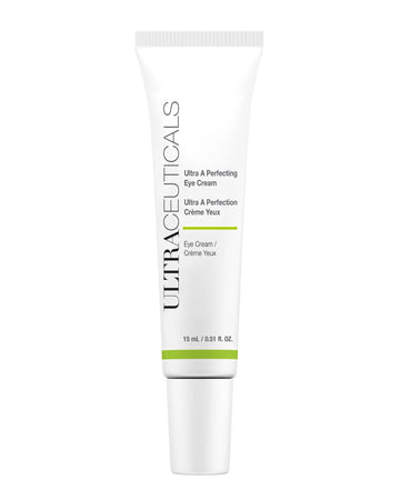 A white tube of Ultra A Perfecting Eye Cream (15 ml/0.51 fl oz) with green and gray accents, enriched with retinol to target fine lines, stands upright against a plain background.