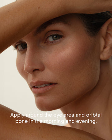A woman with minimal makeup poses with her arm above her forehead, showing smooth skin. Text reads: Apply Ultra Moisturiser Eye Cream with ceramides around the eye area and orbital bone morning and evening.